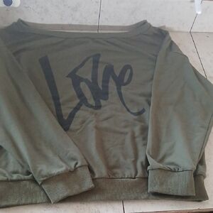 Olive Green Love Print Offshoulder Sweatshirt